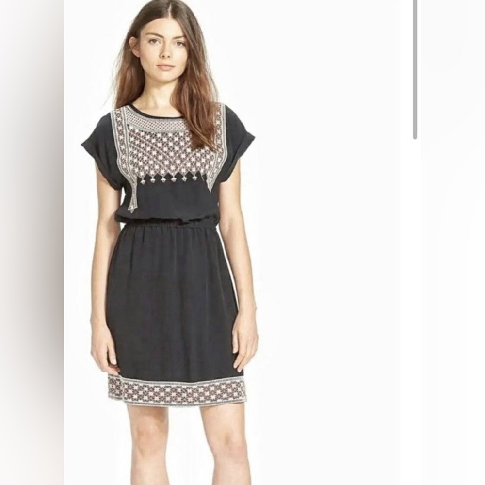 Madewell Starflower Embroidered Washed-Silk Black Mini Dress, Size 2